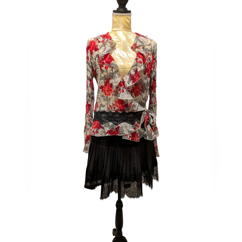 Early 2000's Whimsygoth Black Red Cream Floral Blouse
